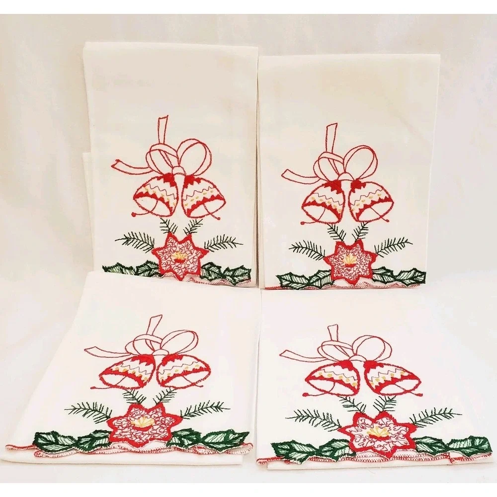 Set Of 4 Holiday Bells Embroidered Napkins 14